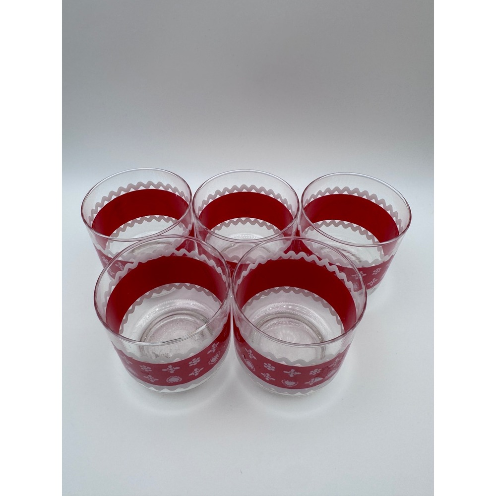 Libbey Vintage Red White Folk Art Heart Rick Rack 
Glasses Set of 5 MCM